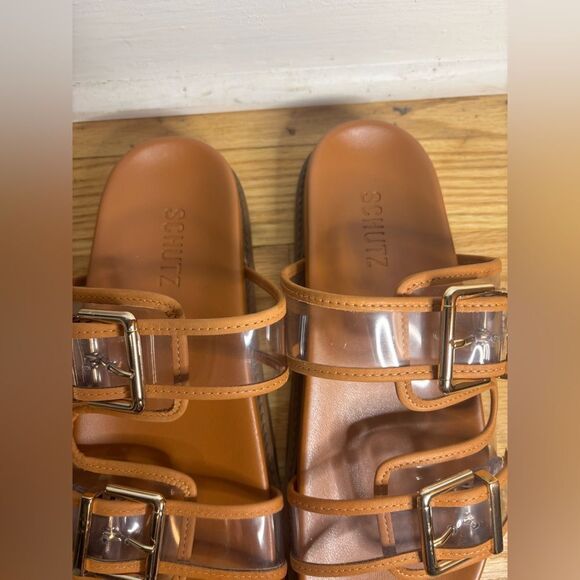 Schutz NAOMI SPORTY VINYL & METALLIC SANDAL size 7 NWOT in brown/clear/silver - Picture 4 of 7